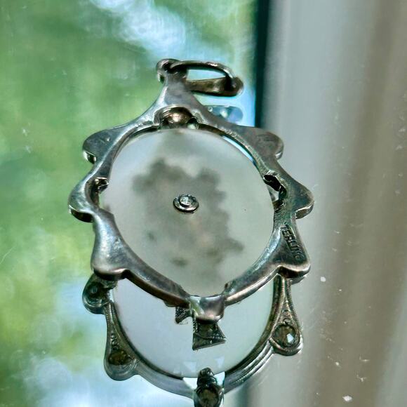 Vintage Art Deco Camphor Glass Sterling Silver and Rhinestones Pendant - Picture 4 of 9